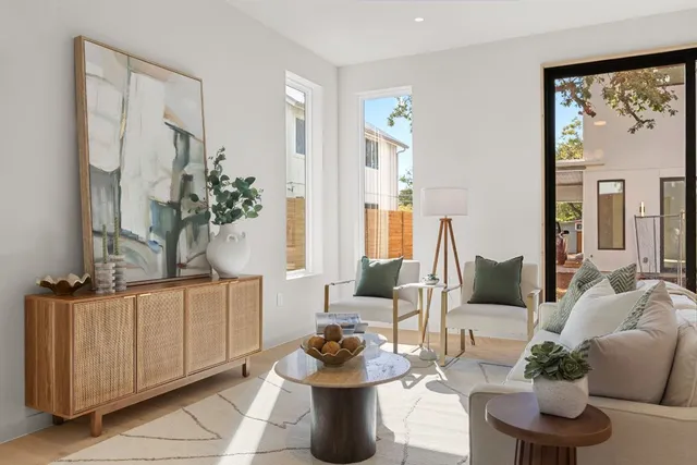 a living room with furniture and a potted plant