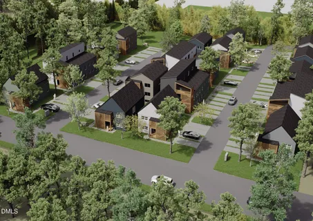 an aerial view of a house with a garden