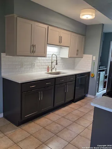 a kitchen with a sink and cabinets