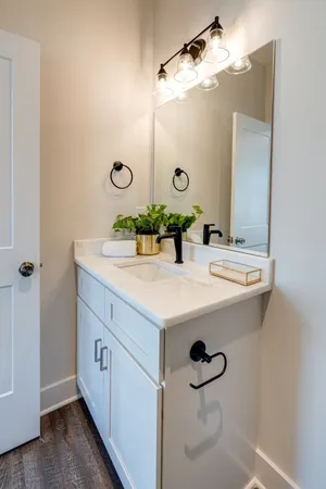 a bathroom with a sink and a mirror