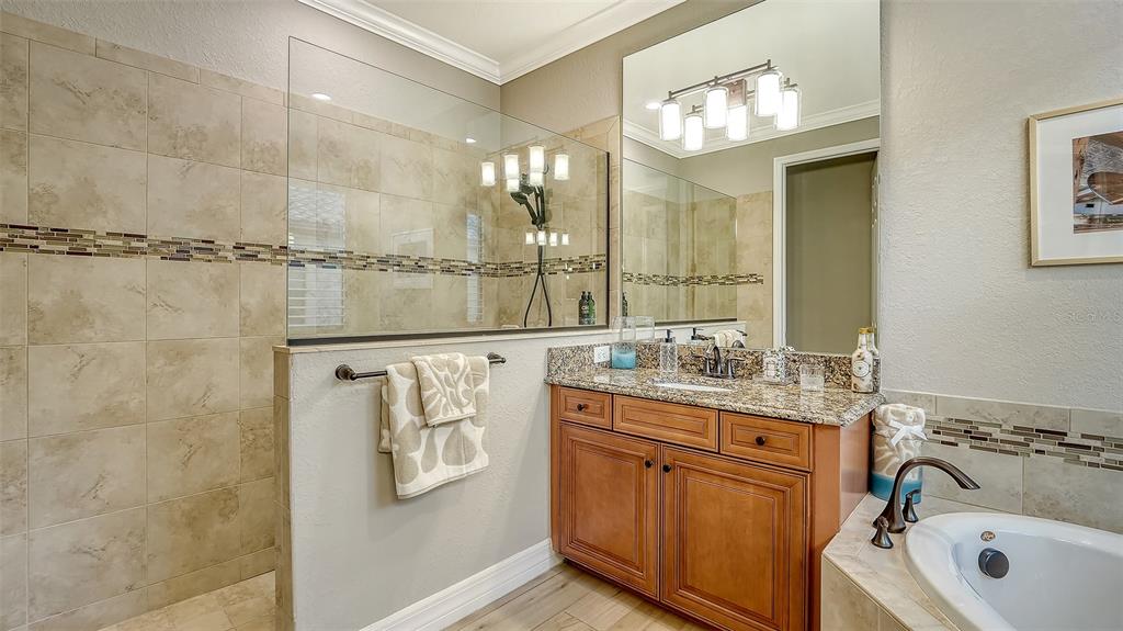 5914 Cessna Run Lakewood Ranch, FL 34211 - Photo 31 of 92 a bathroom with a granite countertop sink a mirror a shower and a bathtub