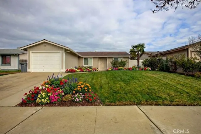 a front view of house with a yard and potted plants