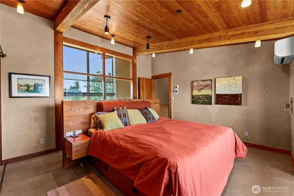 a bed sitting in a bedroom next to a window