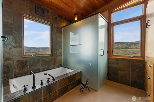 a bathroom with a tub and a shower