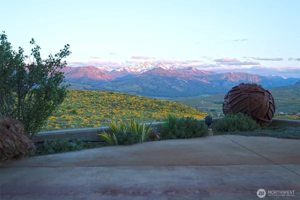 a view of a terrace with a mountain