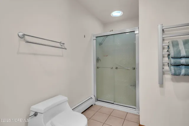 a bathroom with a shower and toilet