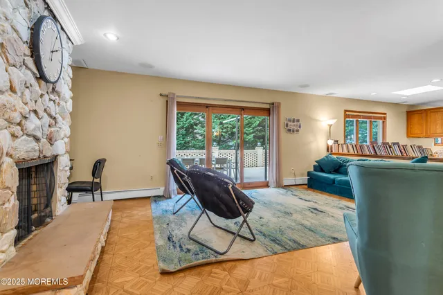 a living room with furniture and a table