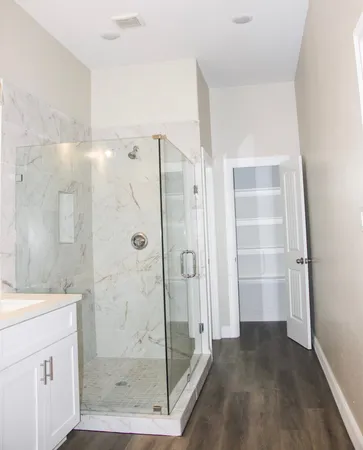 a bathroom with a shower and a sink