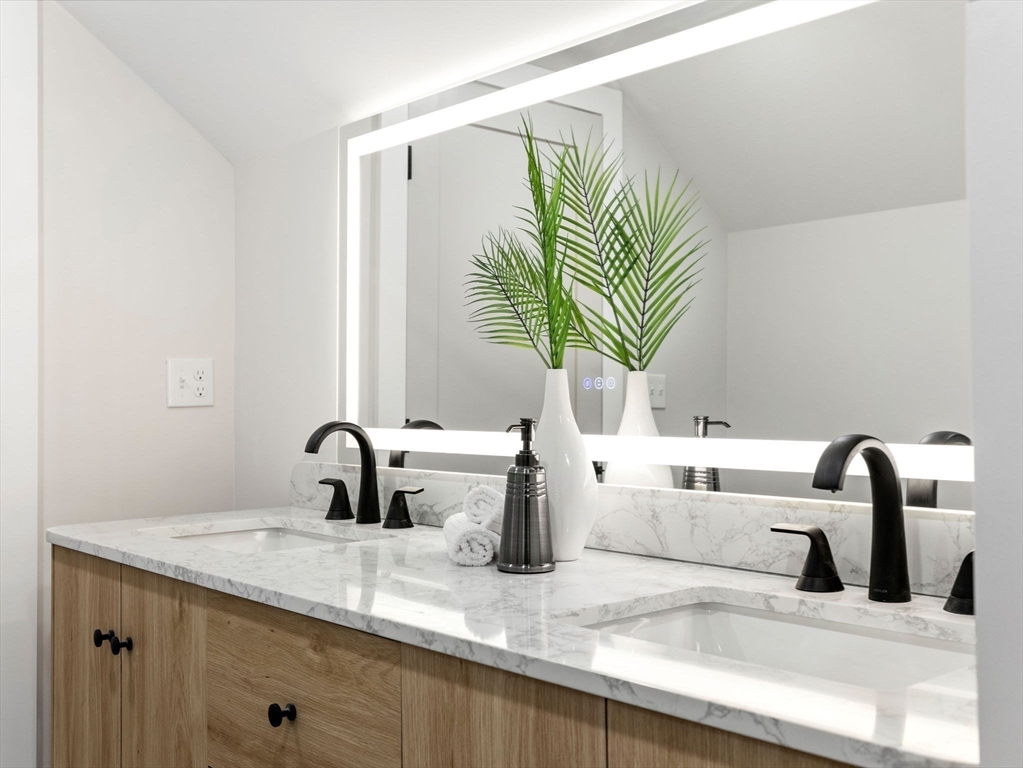 16 High Street, Unit 2 Somerville, MA 02144 - Photo 19 of 34 a bathroom with a sink a mirror and a potted plant