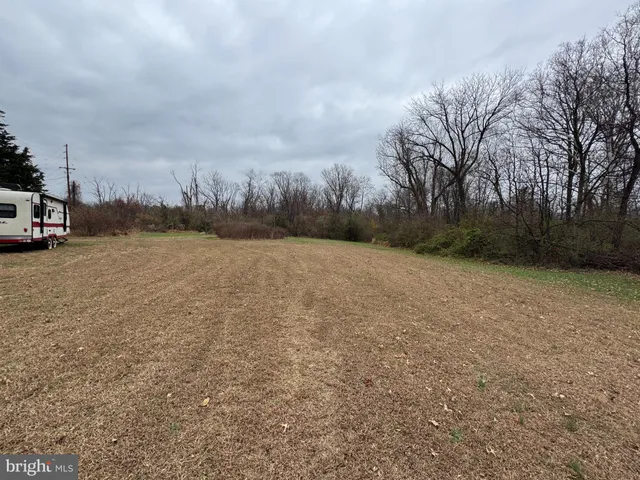 a view of a field with trees in the background