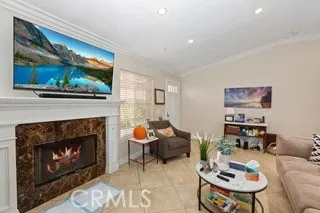 a living room with furniture a fireplace and wall paintings