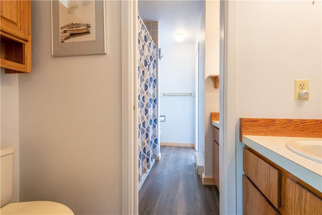 96 L Road Silverthorne, CO 80498 - Photo 16 of 35 a view of a hallway with wooden floor and a bathroom