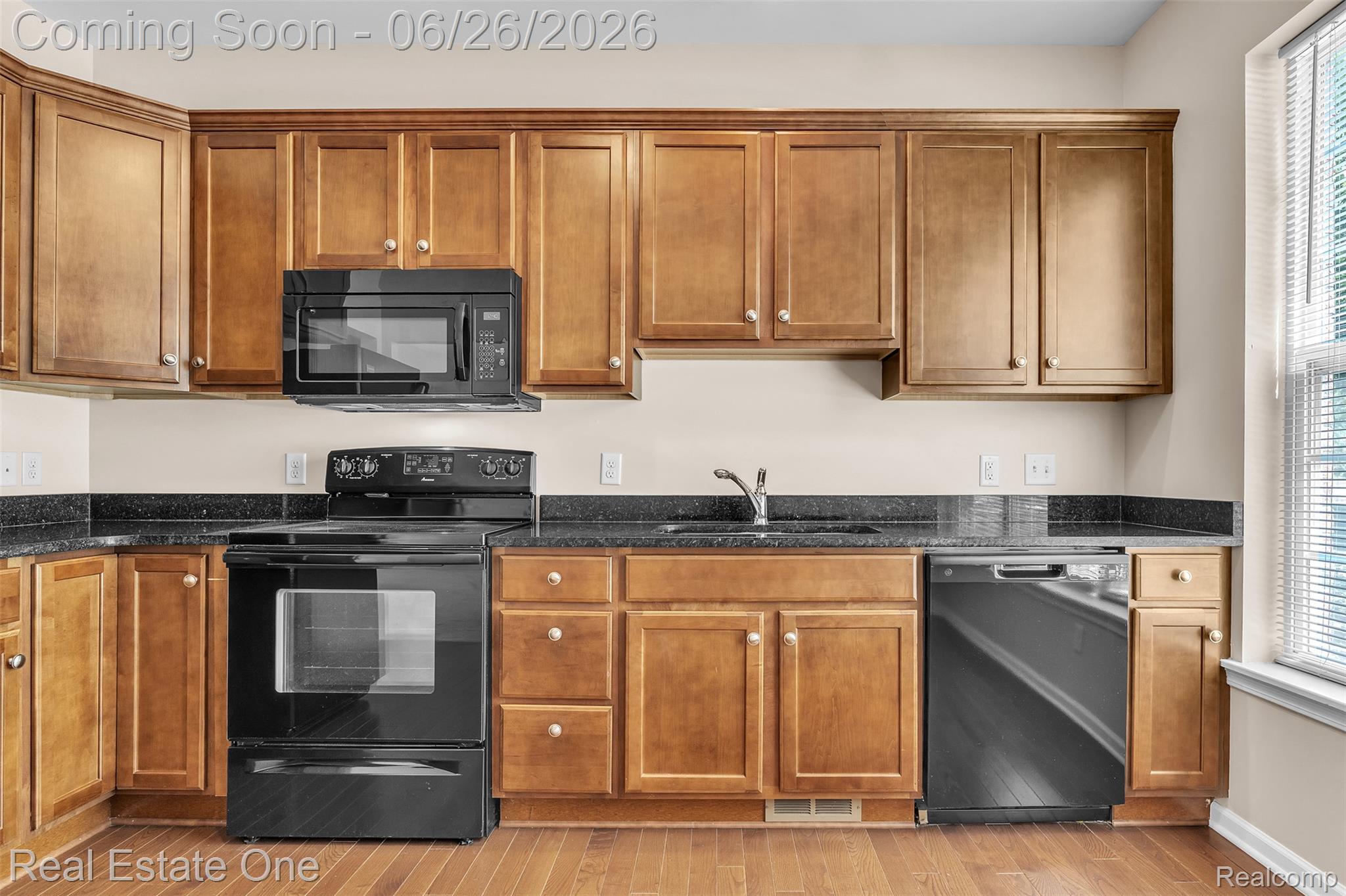 41590 Mitchell Road Novi, MI 48377 - Photo 18 of 45 Kitchen featuring black appliances, wood-finish cabinetry, dark countertops, a stainless steel sink, and wood-finish flooring