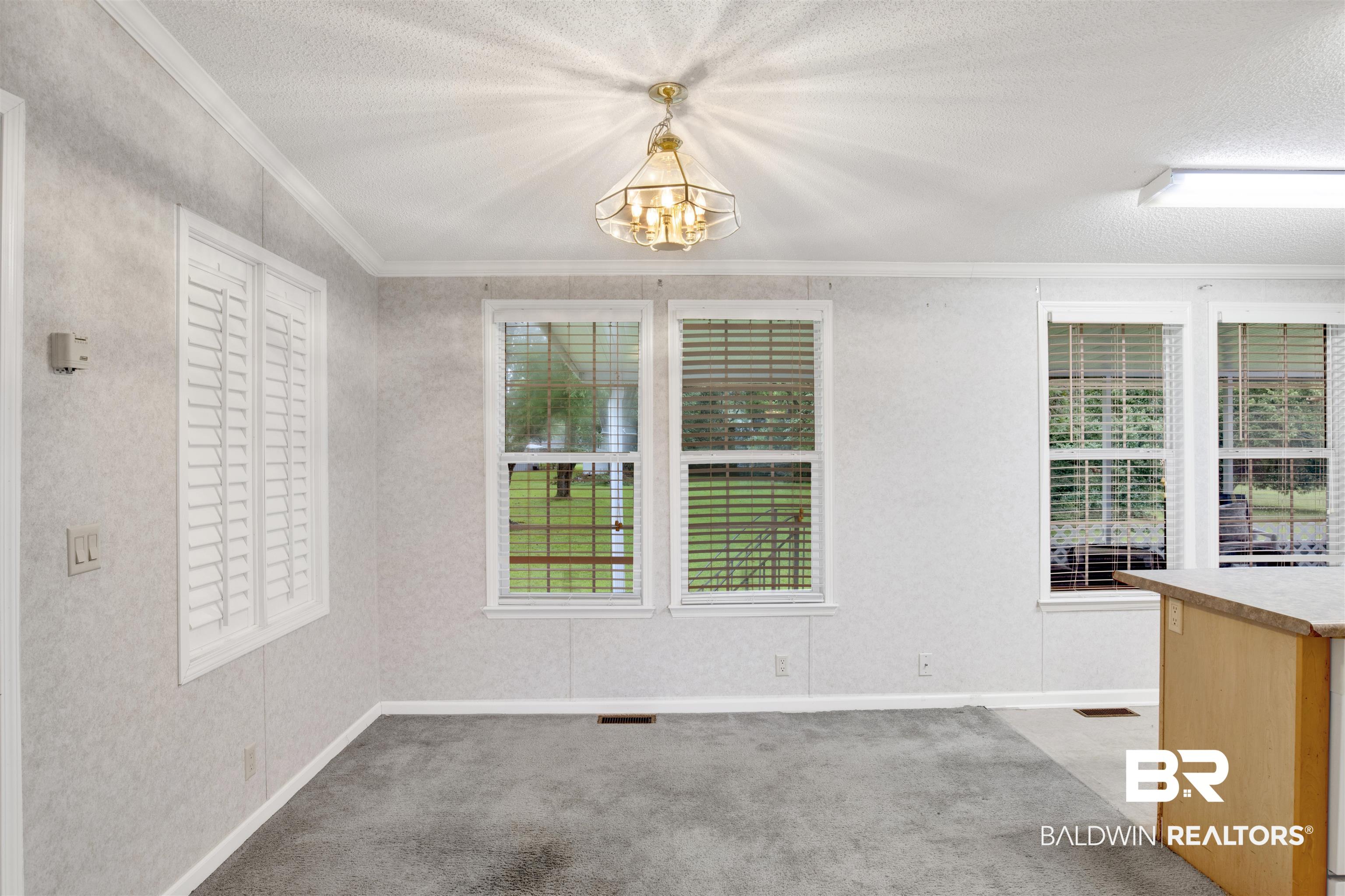 25700 County Road 71 Robertsdale, AL 36567 - Photo 12 of 40 Unfurnished dining area with a chandelier, crown molding, carpet, and a textured ceiling