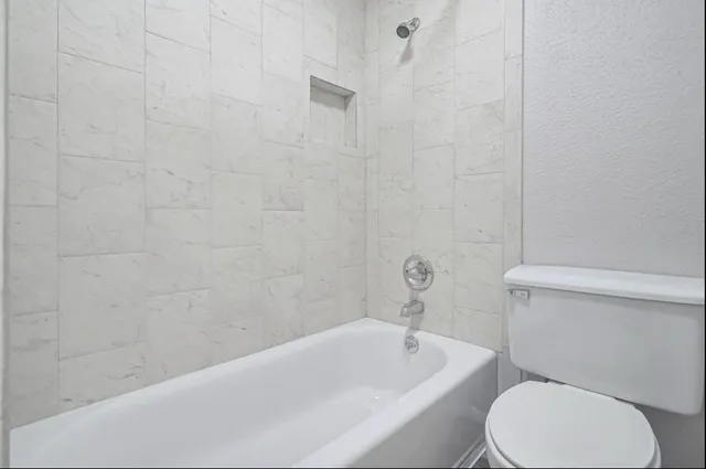 a bathroom with a toilet and bathtub