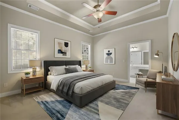 a bedroom with a large bed and a window