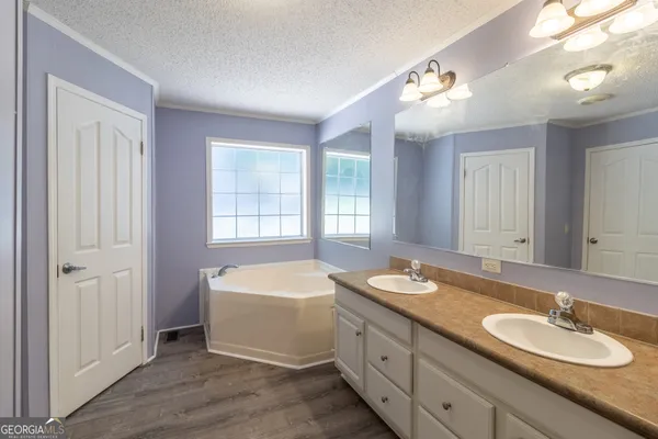 a spacious bathroom with a granite countertop tub sink and mirror
