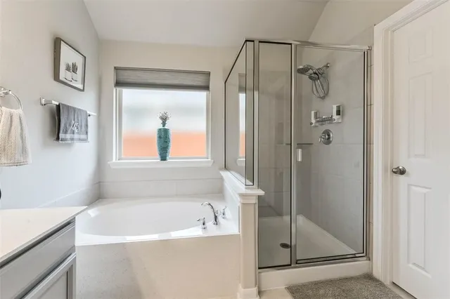 a bathroom with a bathtub and a shower