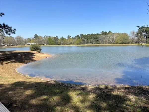 a view of a lake with houses in the background