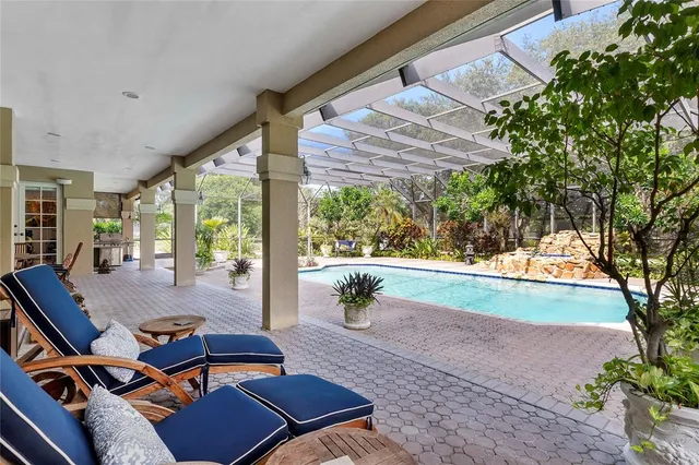a view of a garden with a building in the background