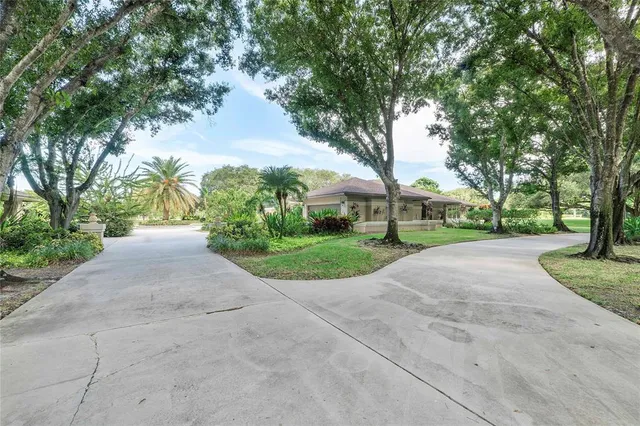 a front view of house with yard and green space