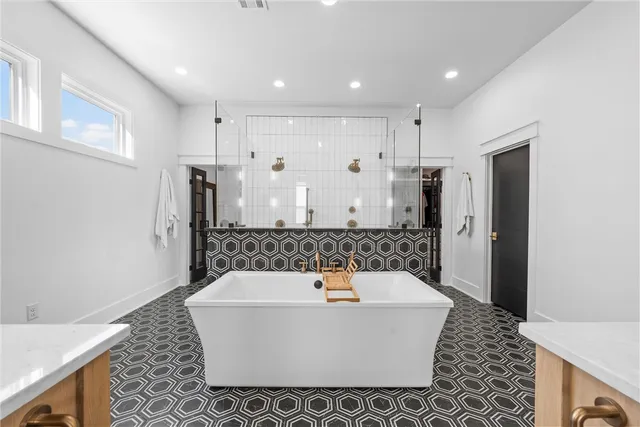 a view of a hallway with wooden shelves