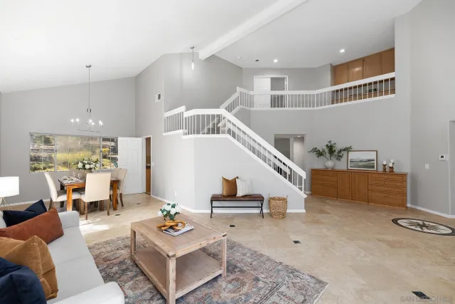 a living room with furniture and a wall painting