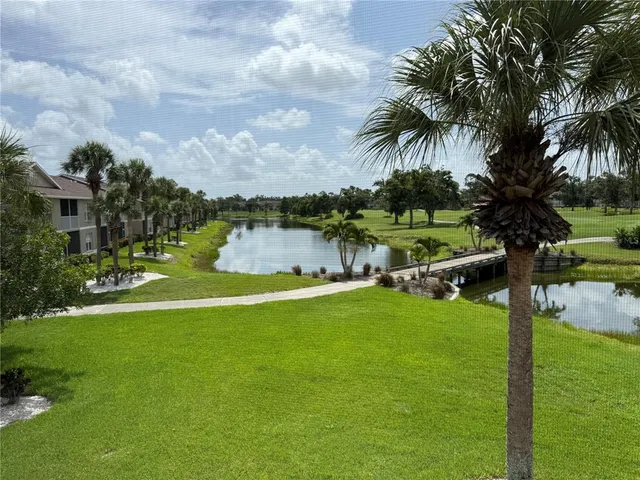a view of a lake with a big yard and palm trees