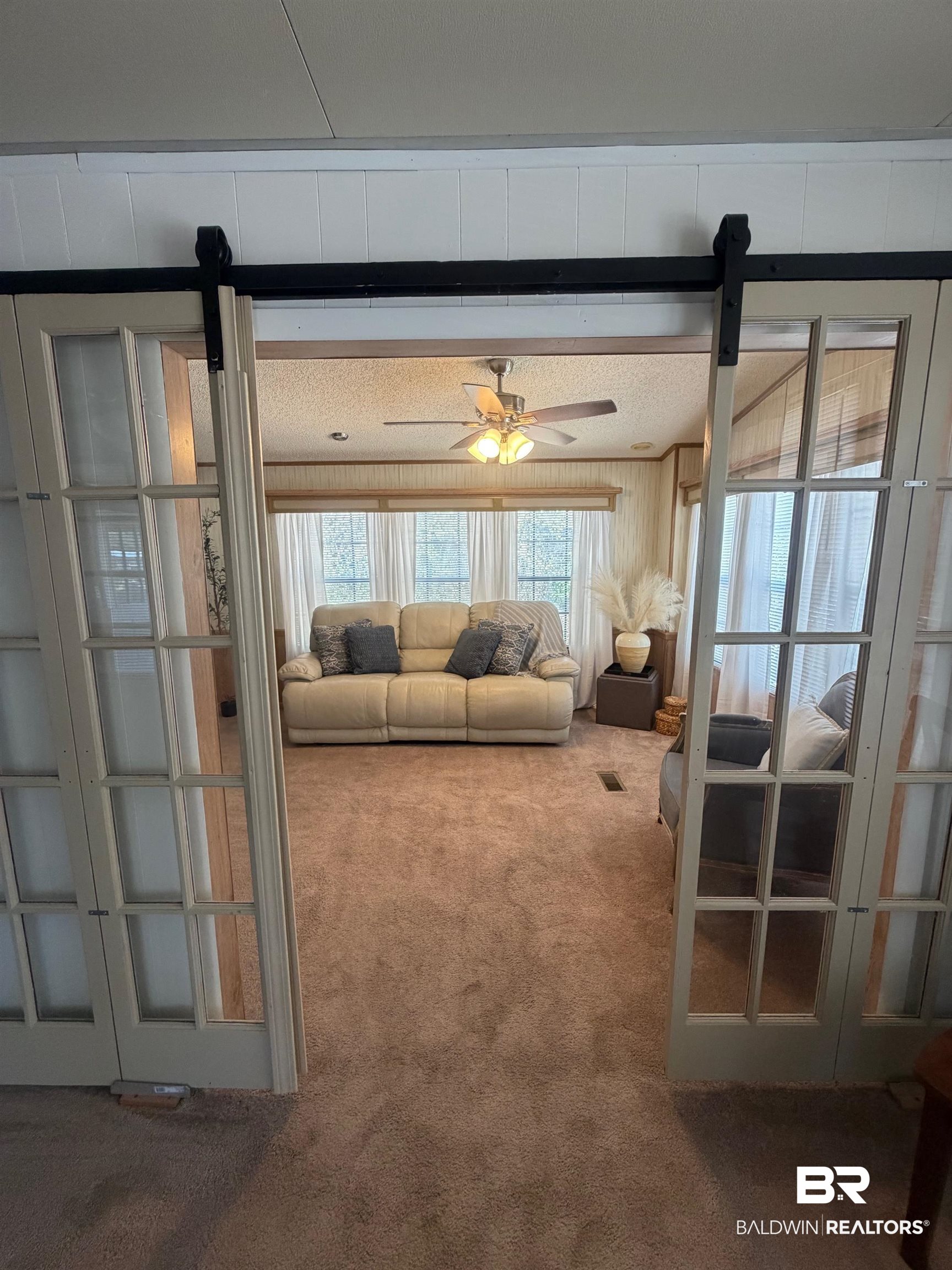 685 Escambia Loop Lillian, AL 36549 - Photo 6 of 43 Carpeted living room with a barn door, ceiling fan, french doors, and wooden walls