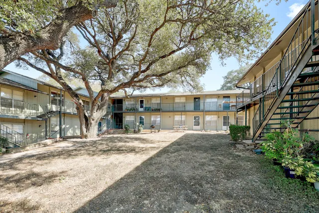 a view of backyard with large trees