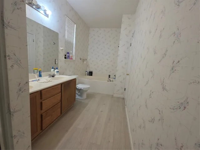 a bathroom with a sink a toilet and mirror