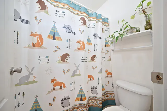 a bathroom with a toilet and a shower curtain