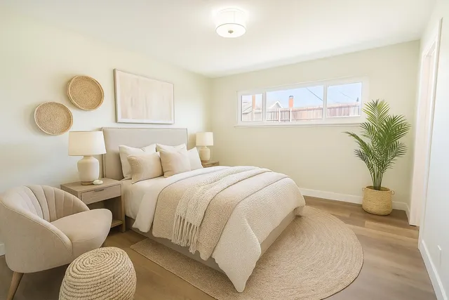 a bedroom with bed and a potted plant