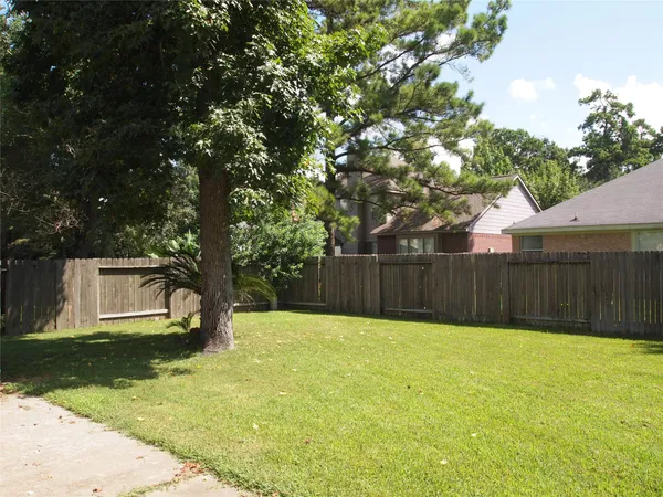 a view of a backyard with large trees and wooden fence