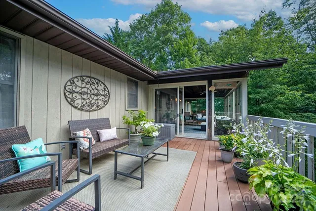 a garden view with a seating space