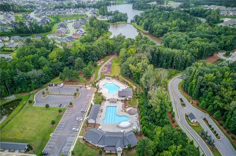 an aerial view of a house with a garden