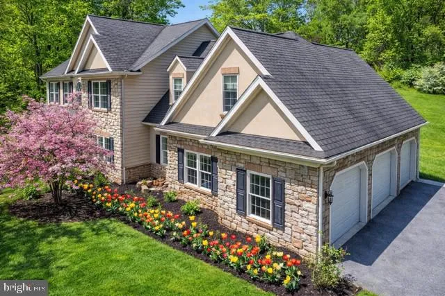a aerial view of a house with a yard and potted plants