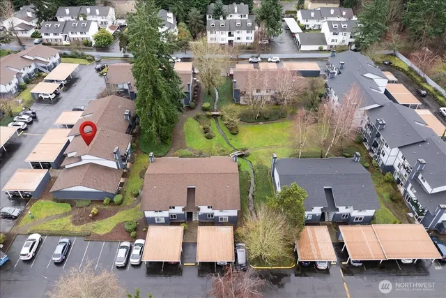 an aerial view of a house with a garden