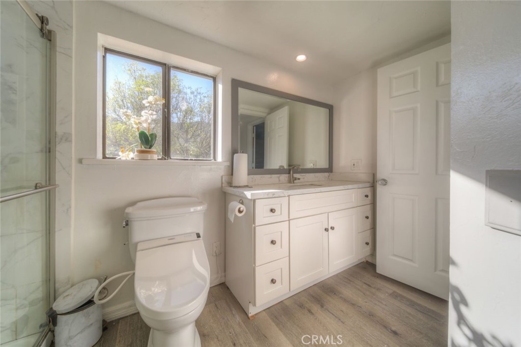 51201 Deer Mountain Way Anza, CA 92539 - Photo 22 of 65 a bathroom with a granite countertop toilet a sink and a large mirror