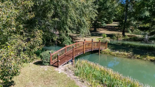 a small pool with trees in the background