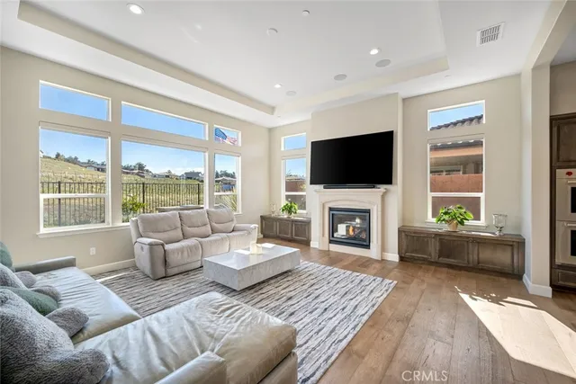 a living room with furniture a fireplace a flat screen tv and windows
