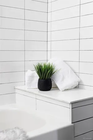 a white bathroom with a potted plant