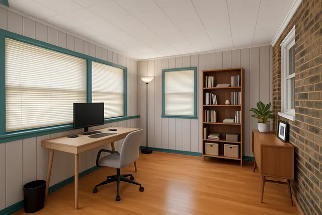 a view of a workspace with furniture and a window
