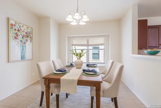 a view of a dining room with furniture window and outside view