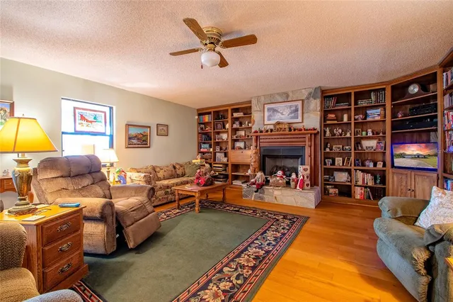 a living room with fireplace furniture and a rug