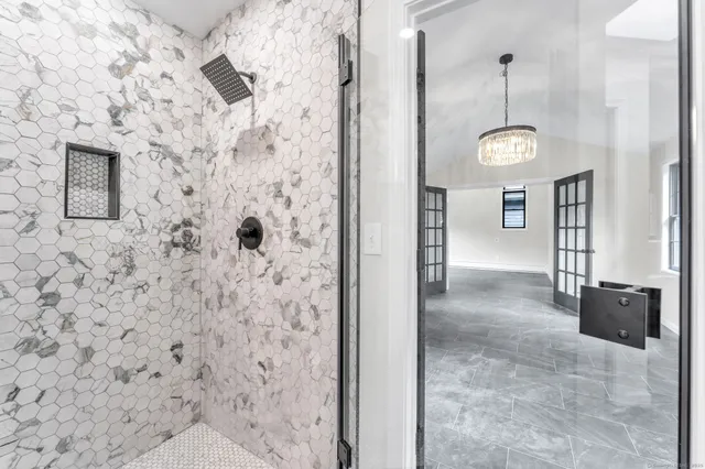 a view of a bathroom with a shower