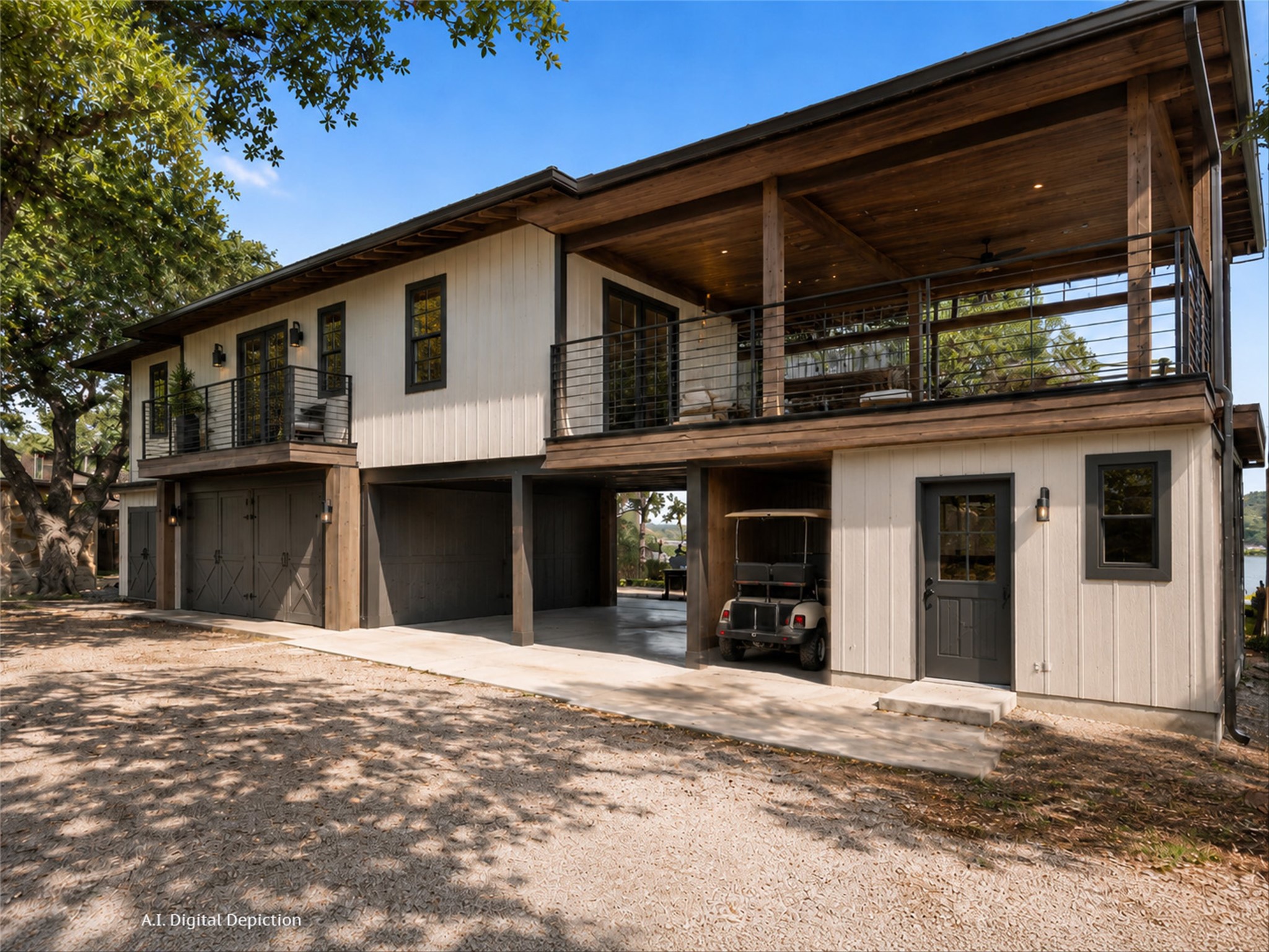 325 Eagle Rest Burnet, TX 78611 - Photo 10 of 40 AI generated photo. A modern two-story home with expansive balconies offers serene outdoor living spaces.