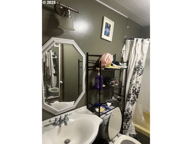 a bathroom with a sink toilet and mirror