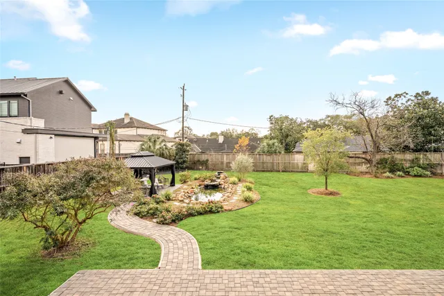 a garden view with a sitting space