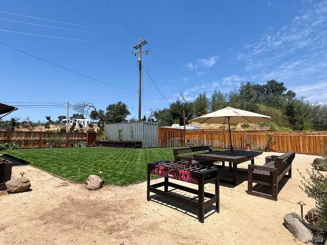 a view of a backyard with sitting area